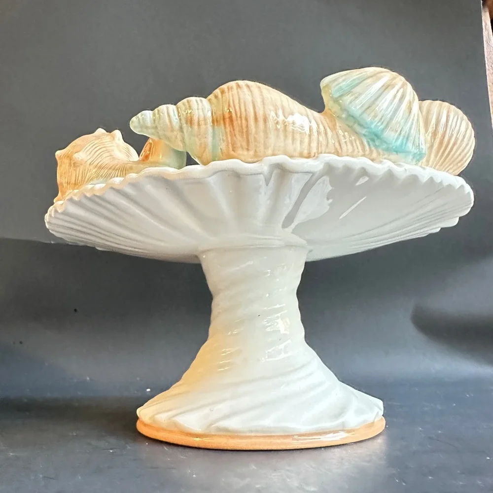 Fitz and Floyd Seashell Compote Footed Bowl Coastal Beach Decor Cream Peach Aqua